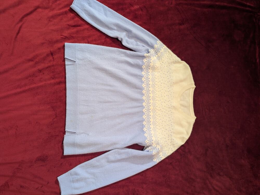 Pure Collection 100% Cashmere Fair Isle Knit Sweater Pastel Blue Cream
